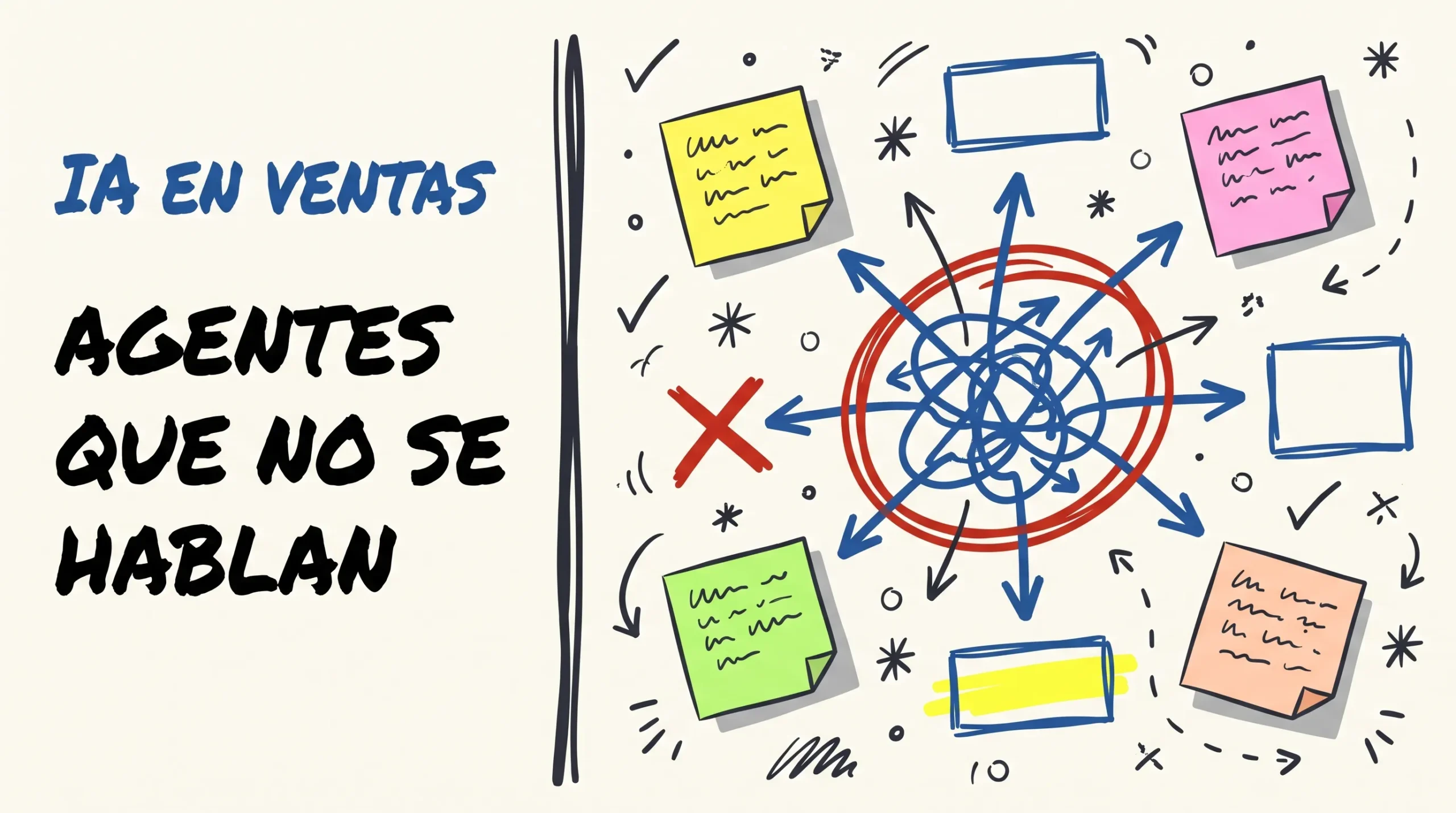 Cuaderno abierto sobre una mesa oscura con varias notas adhesivas de colores pegadas en ángulos distintos y solapadas entre sí, junto a un bolígrafo azul y un subrayador.