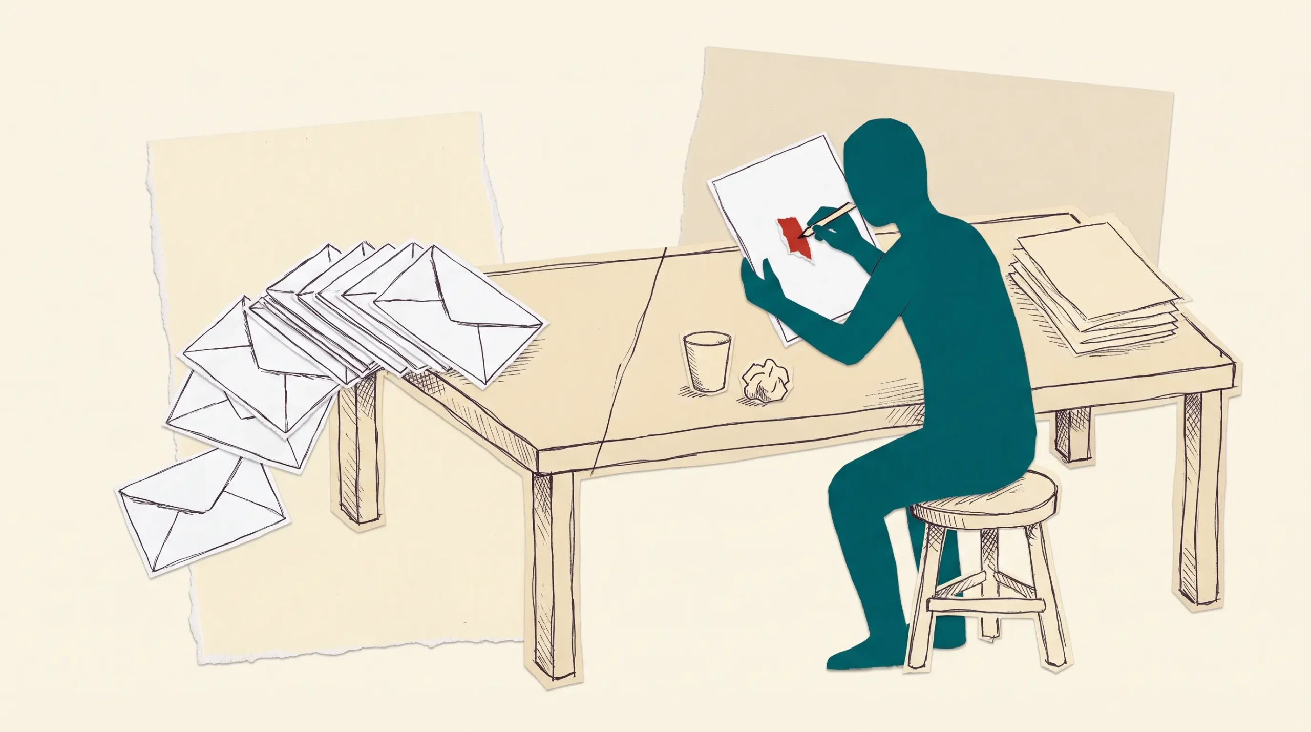 Ilustración de papel recortado: una mesa de papel crema partida por una línea de tinta. En la mitad izquierda, una pila de sobres blancos idénticos que sale sola; en la derecha, una figura petróleo sostiene una única hoja blanca y marca un punto. El punto es rojo.