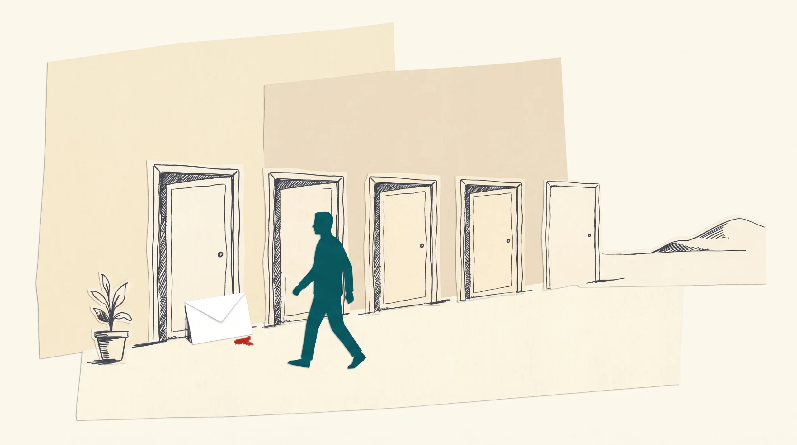 Ilustración de papel recortado: dos figuras petróleo a los lados de una mesa de papel crema; una de ellas empuja un sobre blanco hacia la otra, que todavía no lo ha visto, y un pequeño círculo rojo marca el punto donde el sobre llega.