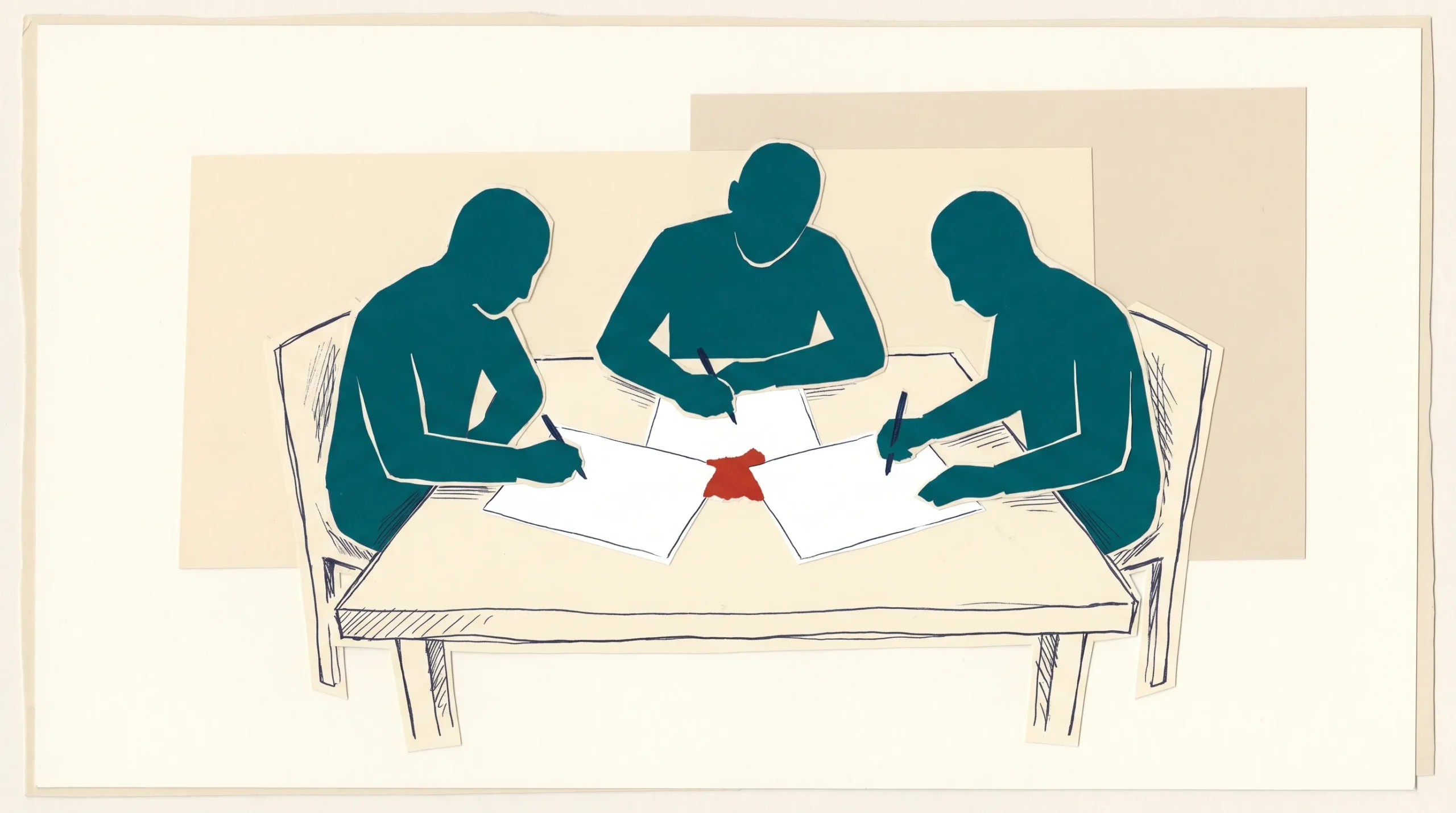 Ilustración de papel recortado: tres figuras petróleo idénticas, de espaldas entre sí alrededor de una misma mesa de papel crema, cada una escribiendo en su propia hoja blanca. Dos hojas se solapan en el centro y un pequeño círculo rojo marca el solape.