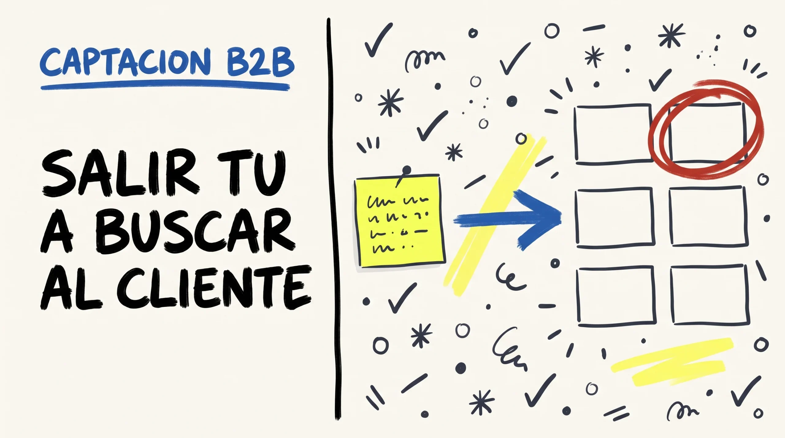 Ilustración de pizarra dividida por una línea vertical a rotulador: a la izquierda, el rótulo CAPTACIÓN B2B en azul y el titular SALIR TU A BUSCAR AL CLIENTE en negro; a la derecha, una nota adhesiva amarilla con garabatos y una flecha azul que cruza hacia una rejilla de seis empresas, con una sola rodeada en rojo.