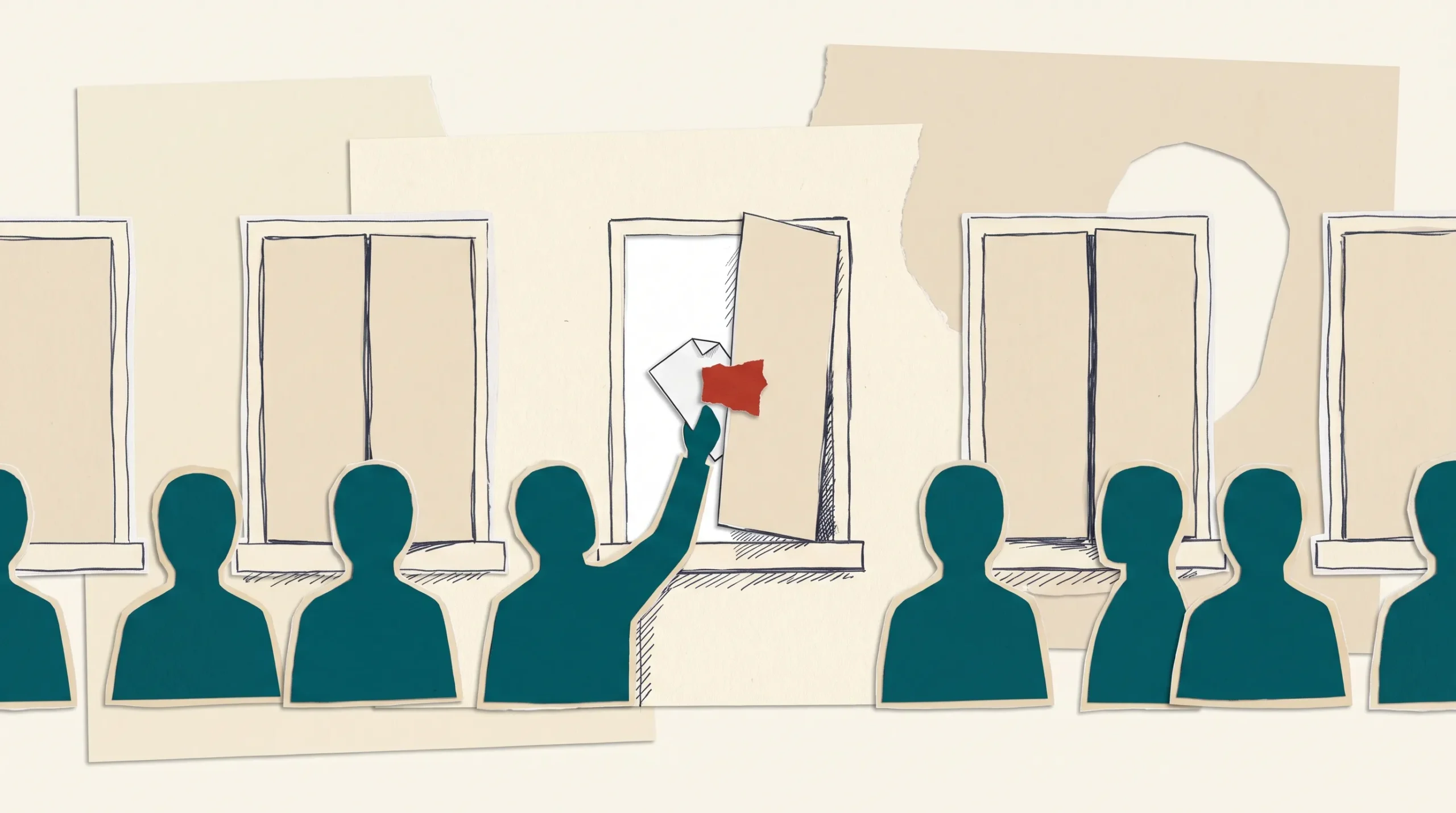 Ilustración de papel recortado: una fila de figuras petróleo detrás de un muro de papel crema. Una de ellas levanta el brazo por una ventana blanca estrecha que se está cerrando; las demás ventanas ya están cerradas. Un pequeño círculo rojo marca el brazo levantado.