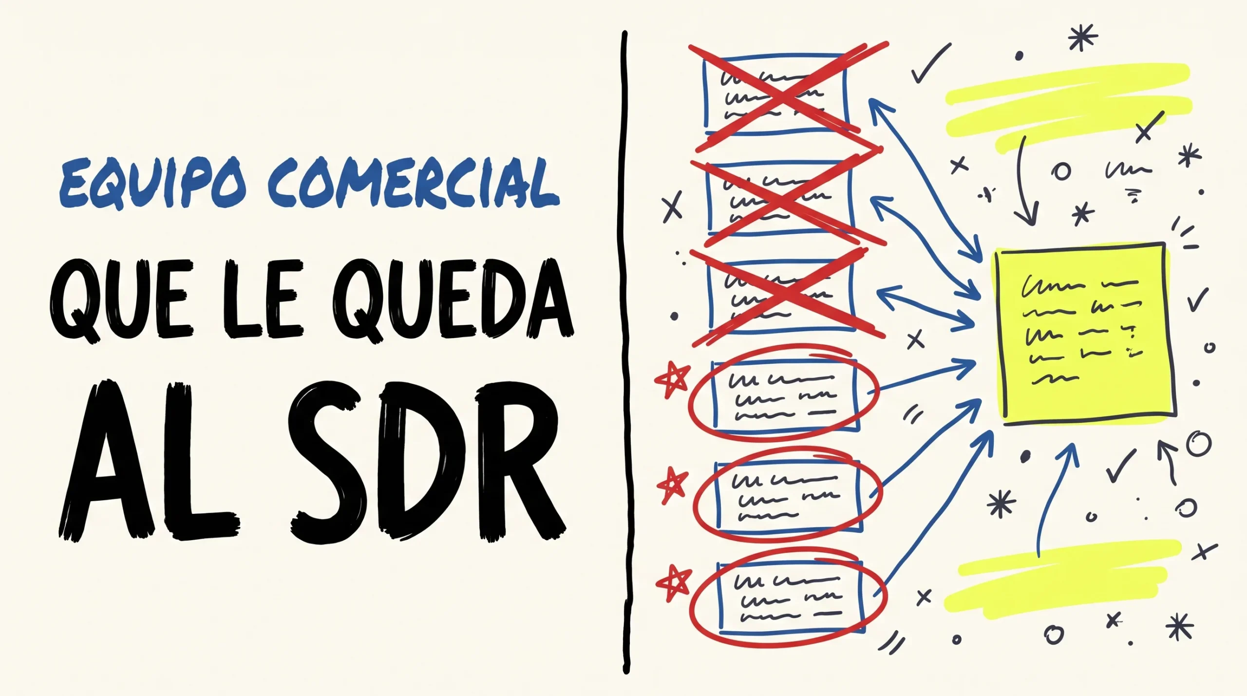 Ilustración de pizarra dividida por una línea vertical a rotulador: a la izquierda, el rótulo EQUIPO COMERCIAL en azul y el titular QUE LE QUEDA AL SDR en negro; a la derecha, una lista de seis tareas dibujadas a mano con las tres primeras tachadas en rojo y las tres últimas rodeadas y marcadas con una estrella.