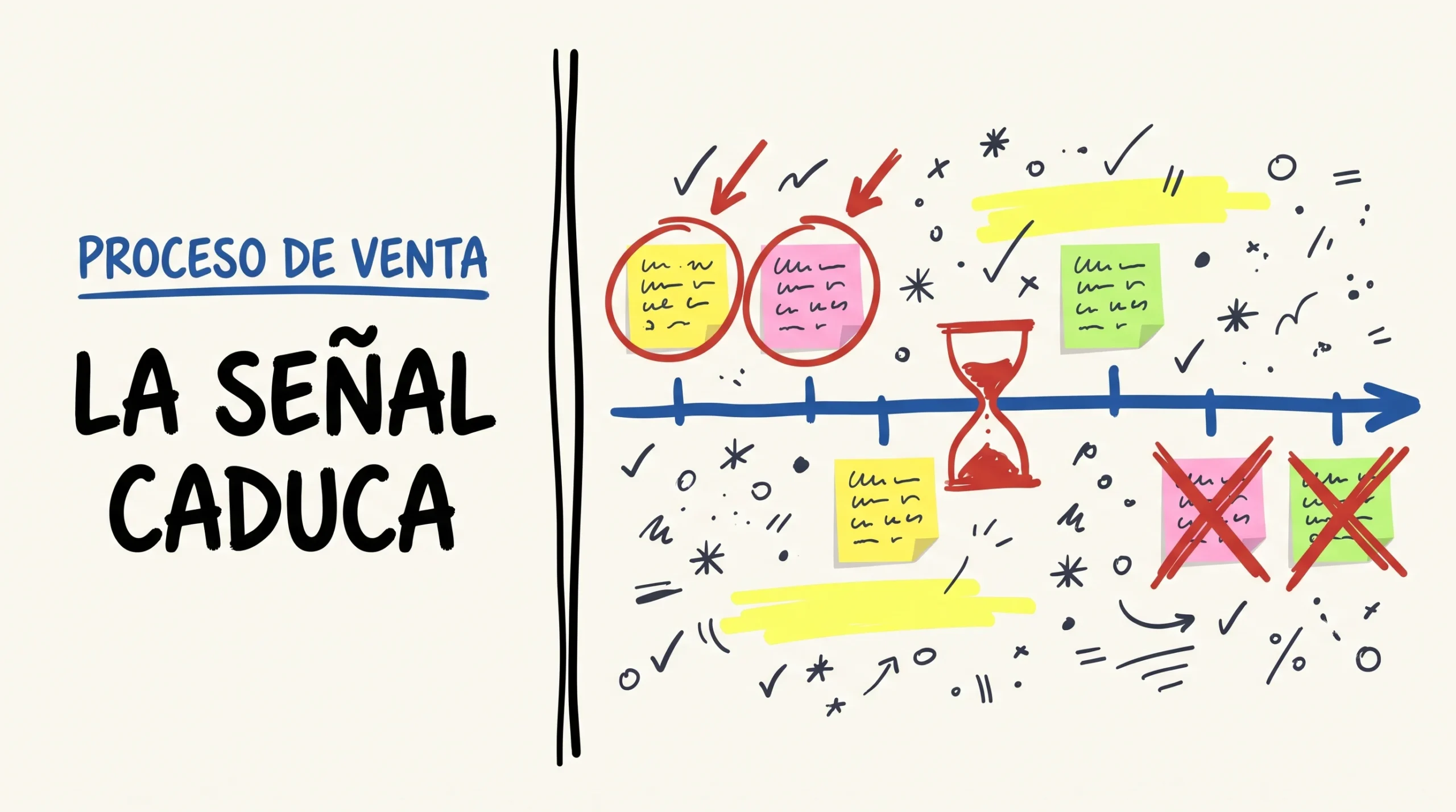 Ilustración de pizarra dividida por una línea vertical a rotulador: a la izquierda, el rótulo PROCESO DE VENTA en azul y el titular LA SENAL CADUCA en negro; a la derecha, una línea de tiempo azul con seis notas adhesivas de colores, las dos primeras rodeadas en rojo y las dos últimas tachadas, junto a un reloj de arena dibujado a mano.