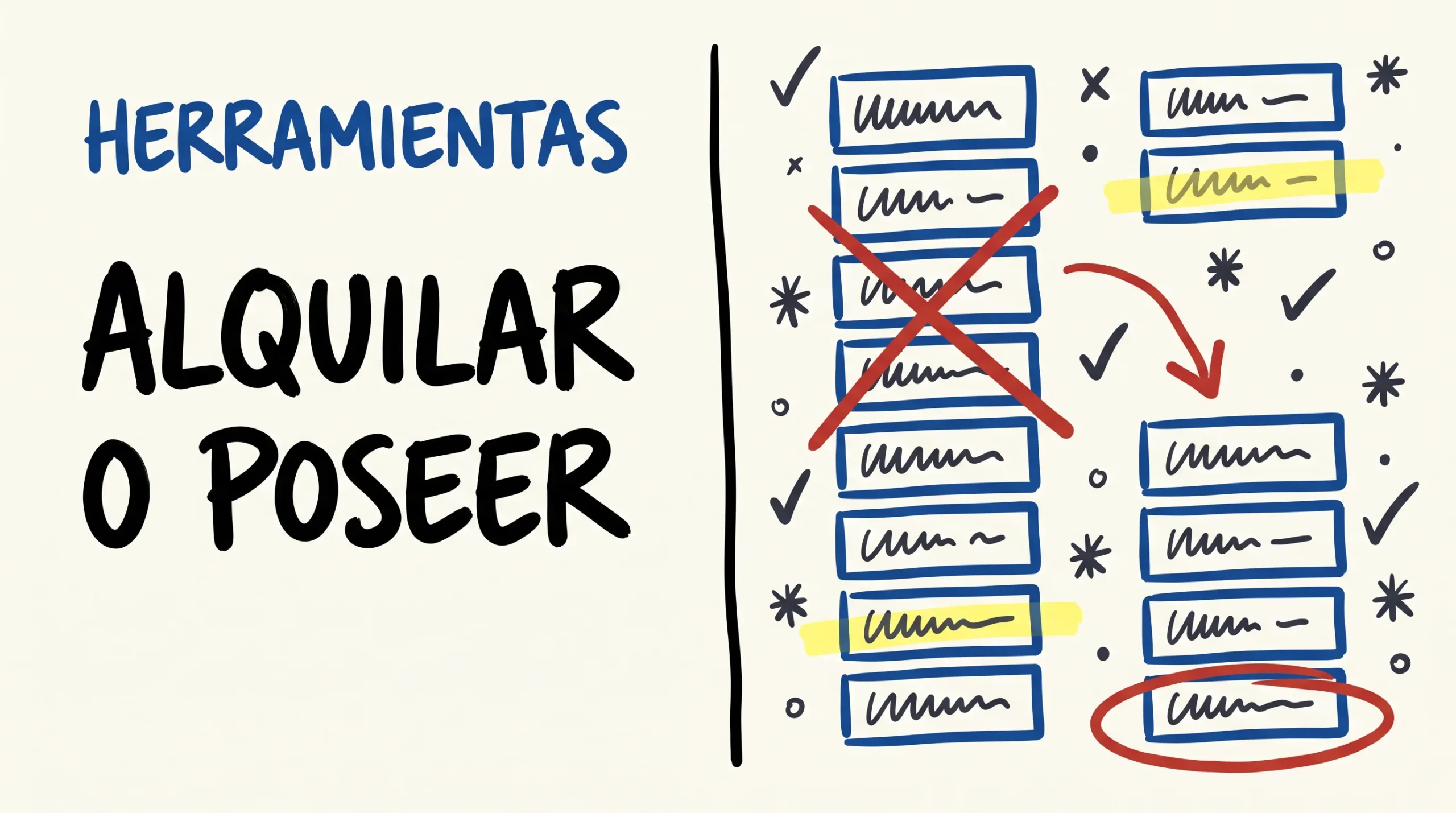 Ilustración de pizarra dividida por una línea vertical a rotulador: a la izquierda, el rótulo HERRAMIENTAS en azul y el titular ALQUILAR O POSEER en negro; a la derecha, dos columnas de cajas dibujadas a mano, la de la izquierda mucho más alta y con tres cajas tachadas en rojo, y una flecha roja que baja hacia la columna corta.