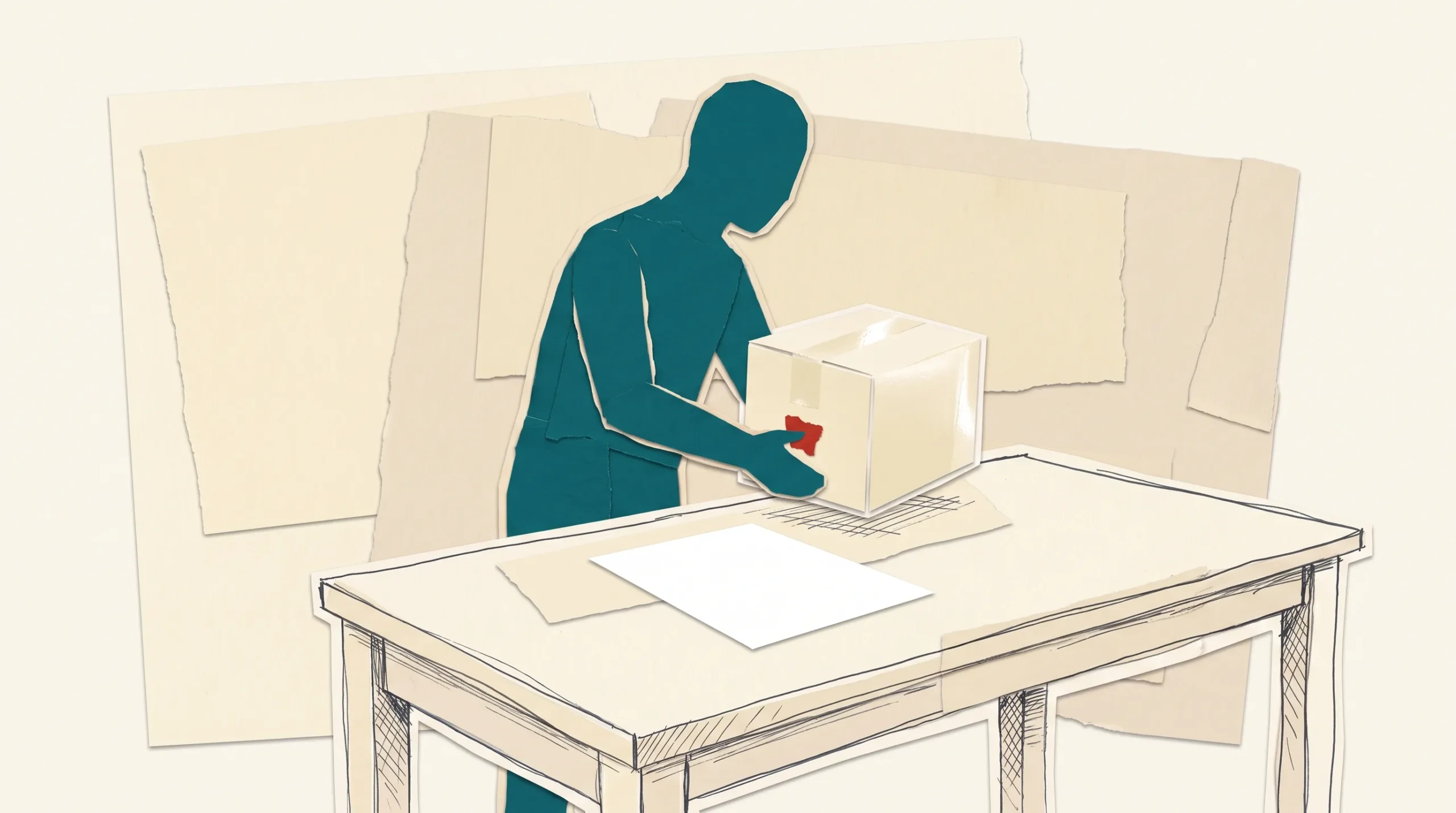 Ilustración de papel recortado: una figura petróleo sostiene en alto una caja de papel crema nueva sobre una mesa donde hay una única hoja blanca completamente en blanco. Un pequeño círculo rojo marca la hoja vacía.