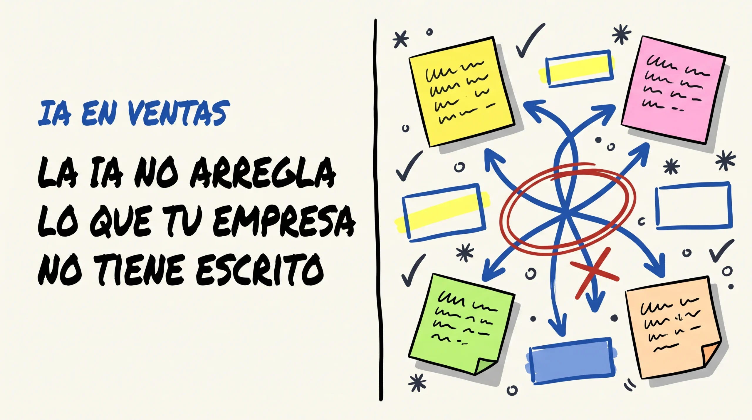 Pizarra con el rótulo IA EN VENTAS y el titular LA IA NO ARREGLA LO QUE TU EMPRESA NO TIENE ESCRITO, junto a un esquema de notas adhesivas cuyas flechas se cruzan sin llegar a encontrarse, con un círculo rojo sobre el cruce.