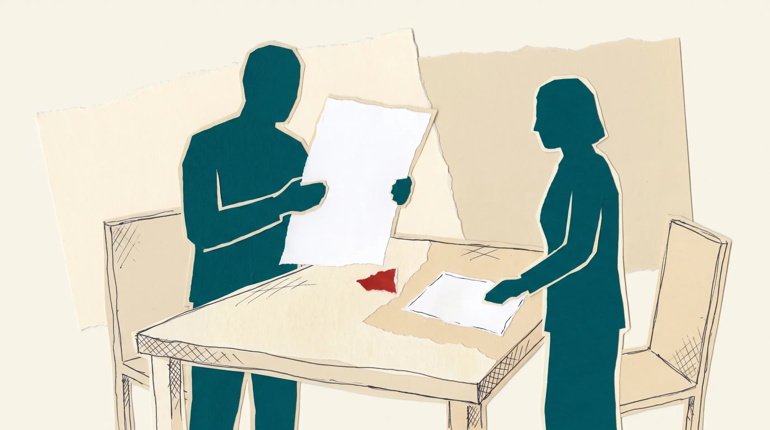 Ilustración de papel recortado: dos figuras petróleo enfrentadas sobre una mesa de papel crema. La de la izquierda lee en alto de una hoja blanca grande; la de la derecha sostiene otra hoja blanca sobre la mesa que nadie mira. Un pequeño círculo rojo marca esa hoja.