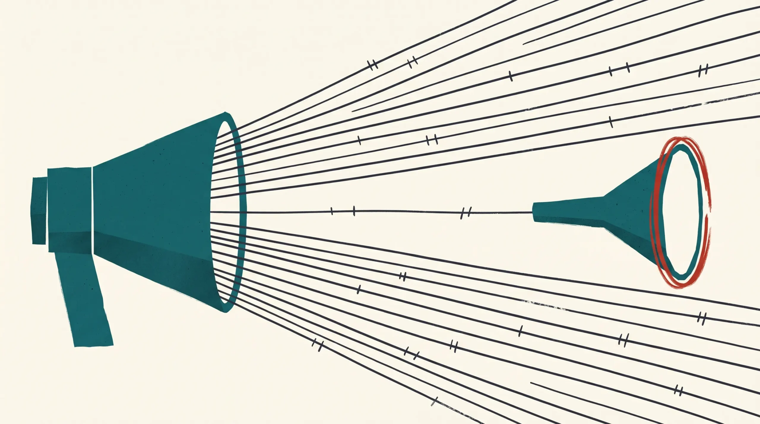 Ilustración plana de un altavoz petróleo que lanza muchas líneas hacia la derecha mientras un embudo estrecho, del que apenas entra una línea, apunta de vuelta hacia él; un pequeño círculo rojo marca la boca vacía del embudo.
