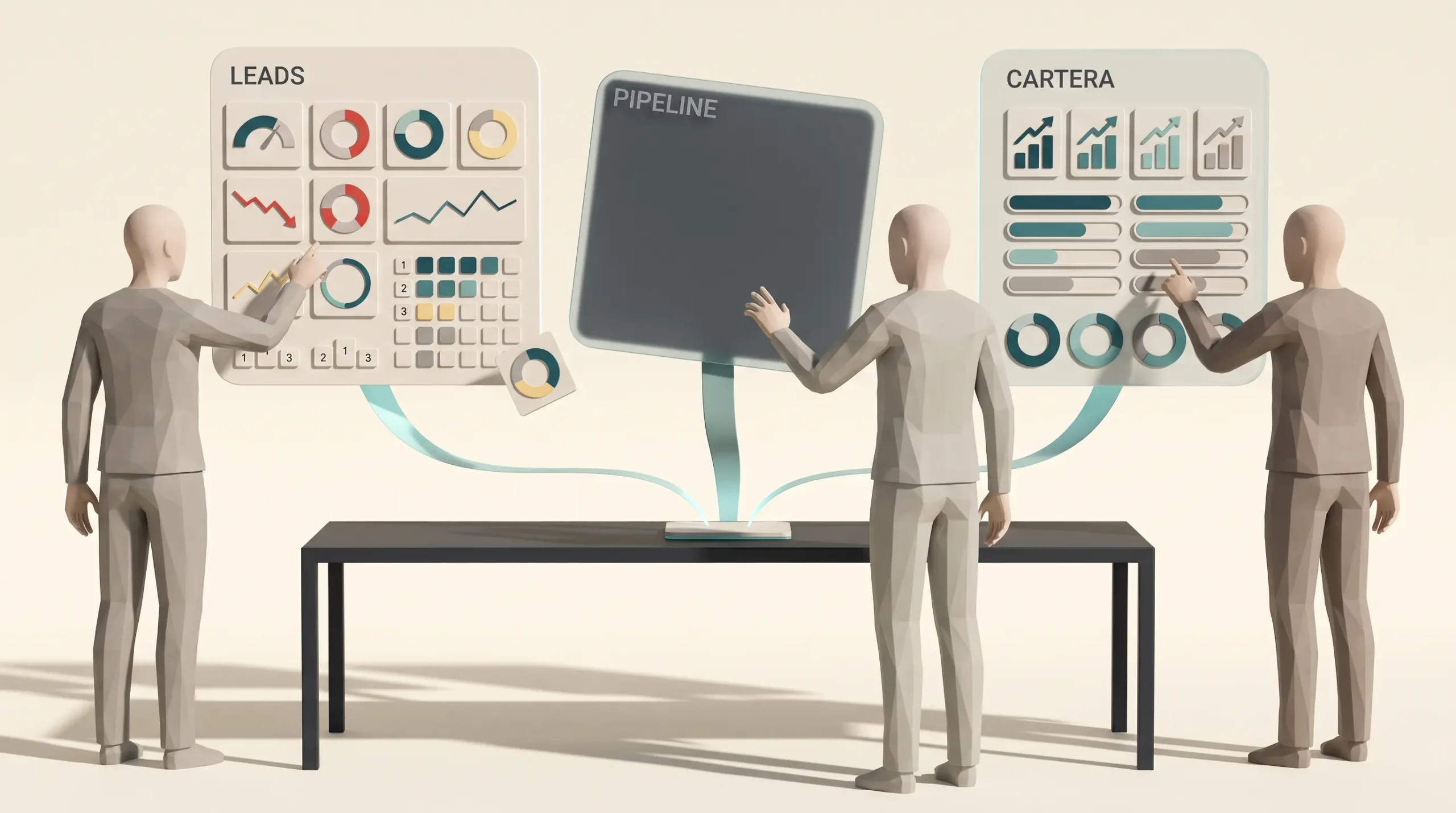 Ilustración 3D a la altura del pecho: dos paneles flotantes encendidos y llenos de gráficos, rotulados LEADS y PIPELINE, y entre ellos un tercer panel gris, vacío y descolgado con el rótulo CARTERA; dos figuras sin rostro señalan los paneles encendidos y una tercera alarga la mano hacia el apagado sin llegar a tocarlo.