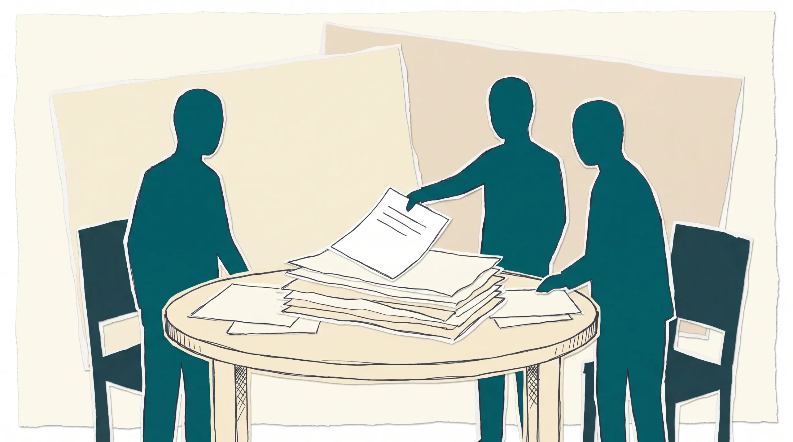 Ilustración de papel recortado: tres siluetas petróleo alrededor de una mesa redonda de papel cubierta por un montón de hojas crema; una de las siluetas saca del montón una única hoja blanca con tres renglones escritos.