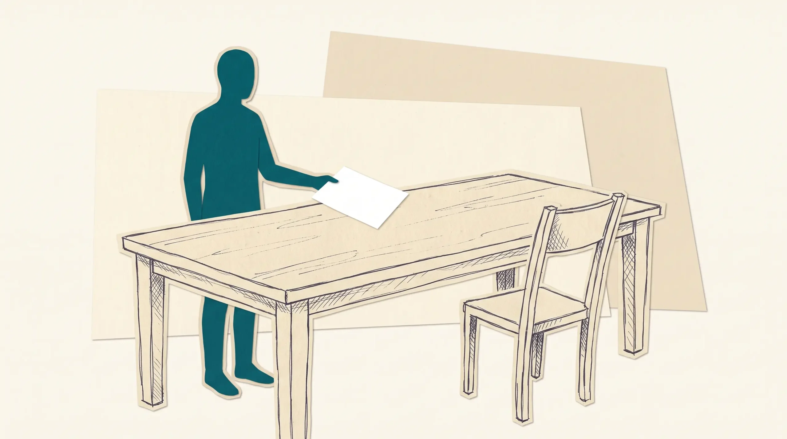 Ilustración de papel recortado: una figura petróleo de pie junto a una mesa larga de papel crema tiende una hoja blanca hacia el otro lado, donde solo hay una silla vacía ligeramente girada; un pequeño círculo rojo marca el asiento vacío.