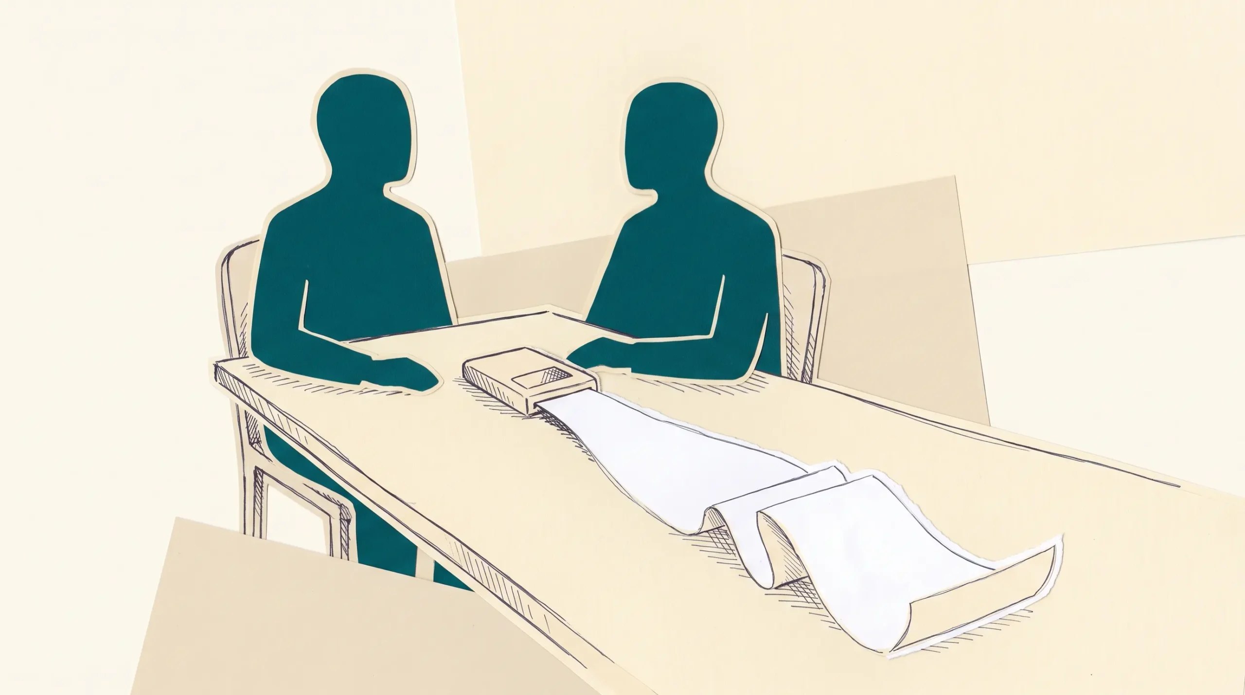 Ilustración de papel recortado: dos siluetas petróleo conversan a ambos lados de una mesa de papel crema; entre ellas hay una pequeña tarjeta grabadora de la que se despliega una larga hoja blanca que cruza la mesa hacia el lector.