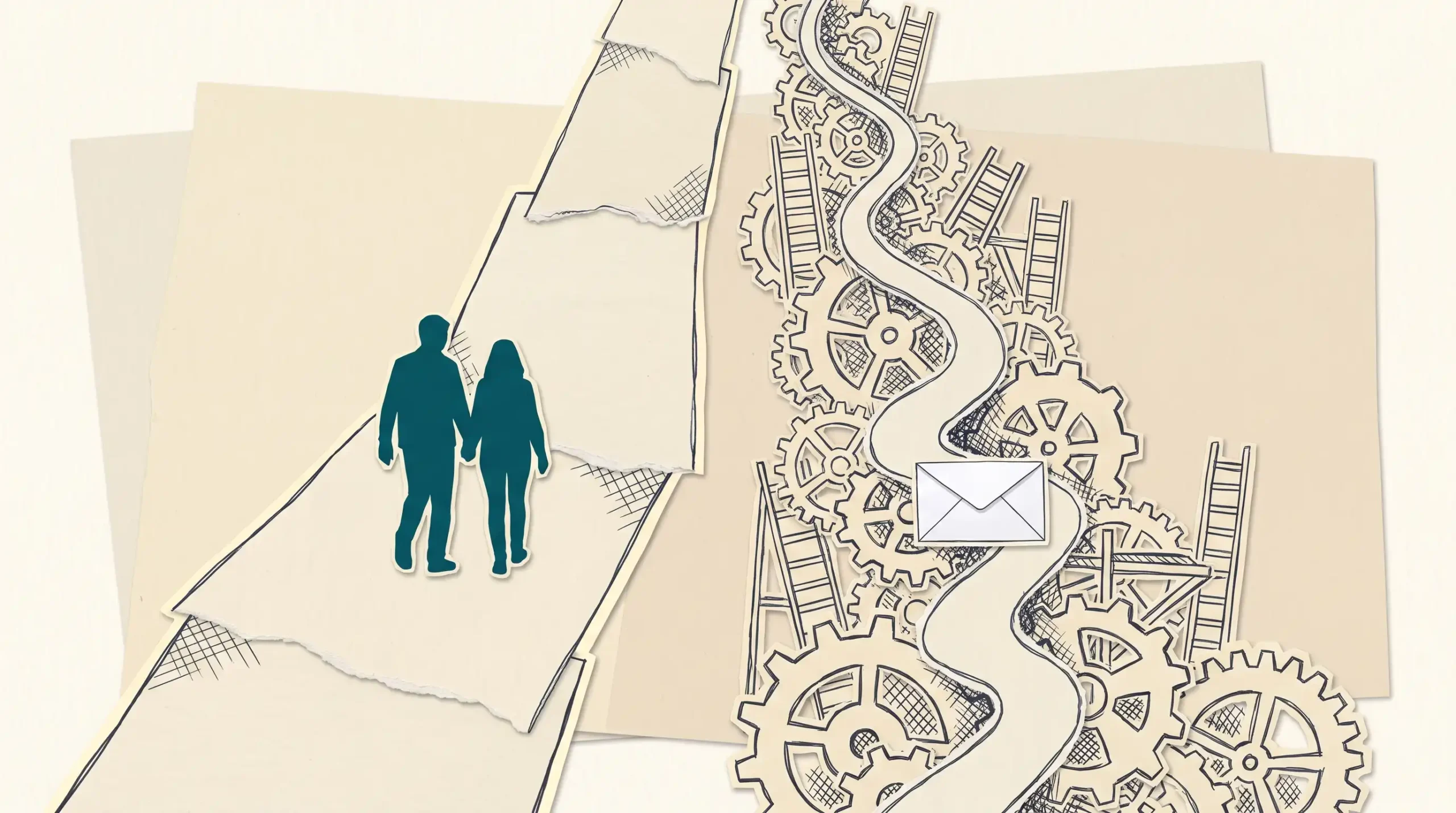 Ilustración de papel recortado: dos caminos de papel crema en paralelo. El ancho, desnudo, lo recorren dos figuras petróleo juntas; el estrecho está lleno de engranajes de papel y por él apenas pasa un sobre blanco. Un pequeño círculo rojo marca la boca del camino ancho.